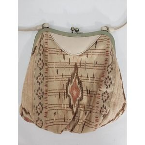 Vtg Small Boho Southwestern Embroidered Clasp Bag Purse Leather Beige Apricot